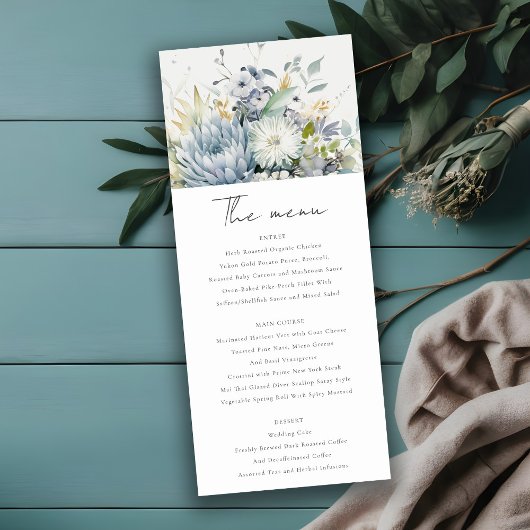 Carte de menu Mariage Succulent Floral bleu doux