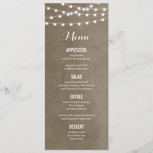 Carte de menu Mariage Taupe String Lights (Devant)