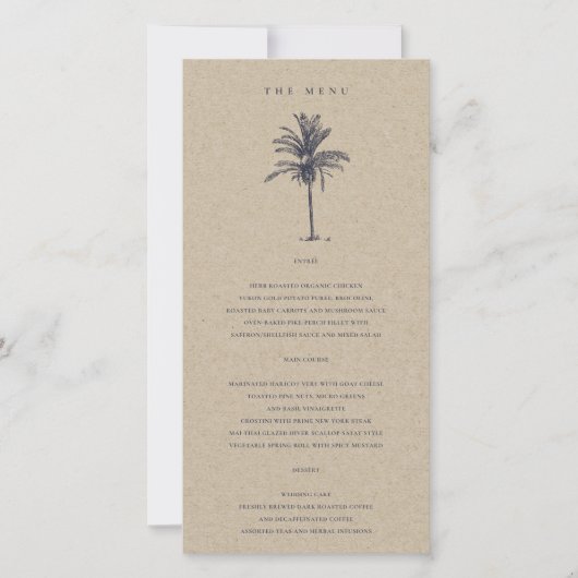 Carte de menu Mariage Tropical Palm Tree Navy Kraf (Devant)