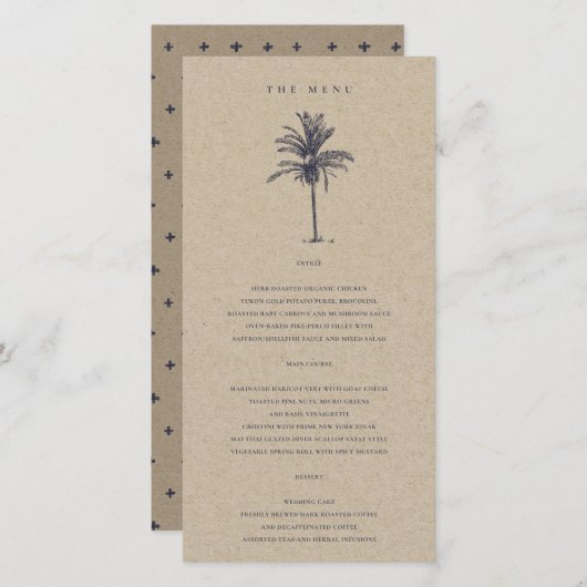 Carte de menu Mariage Tropical Palm Tree Navy Kraf (Devant / Derrière)