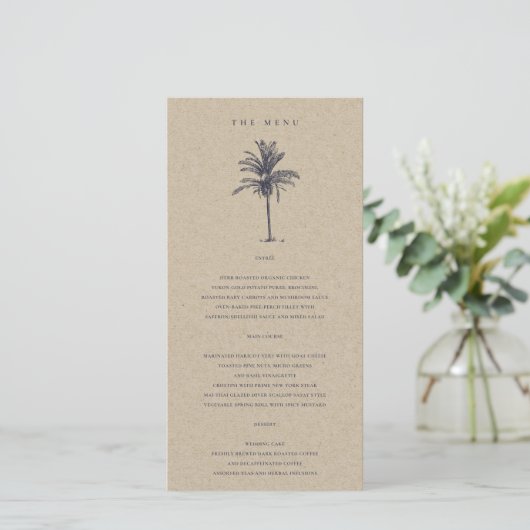 Carte de menu Mariage Tropical Palm Tree Navy Kraf (Debout devant)