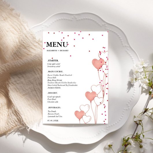 Carte de menu mariage Valentine Heart Fête des mar