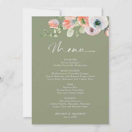Carte de menu Mariage vert Budget Rustic Floral Sa (Devant)