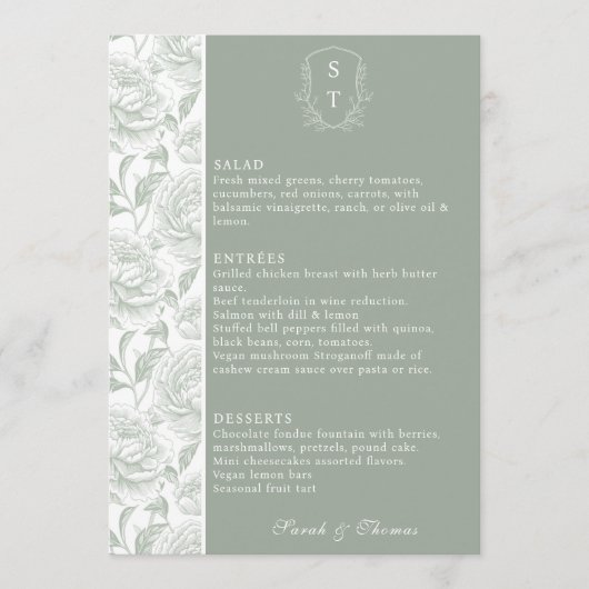 Carte de menu Mariage vert Crest Monogram Sage (Devant)