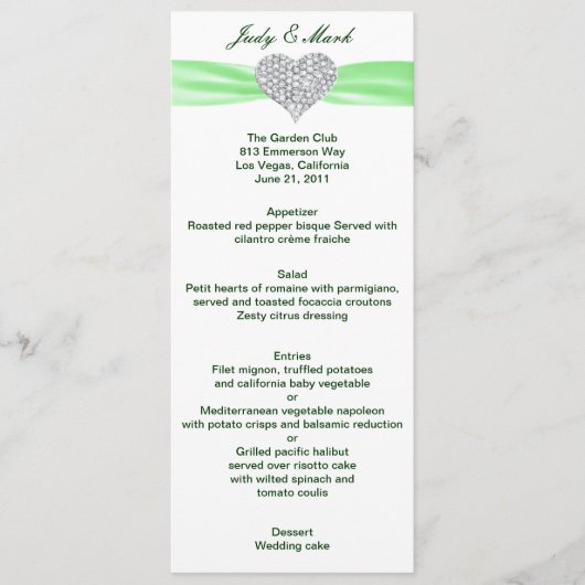 Carte de menu Mariage vert Diamond Heart (Devant)