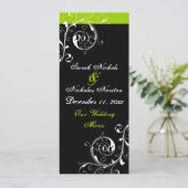 Carte de menu mariage vert, noir feuille de défile (Debout devant)
