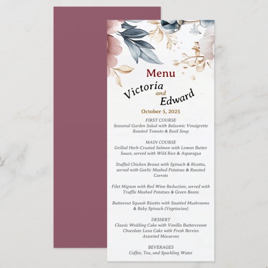 Carte de menu Mariage Victorian Peony Luxe (Devant / Derrière)