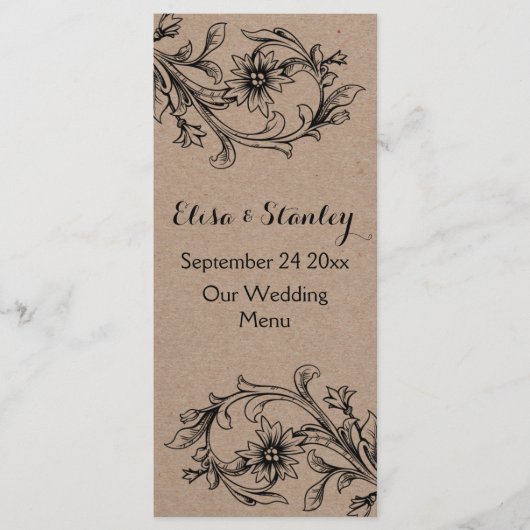 Carte de menu mariage vintage en carton Kraft (Devant)