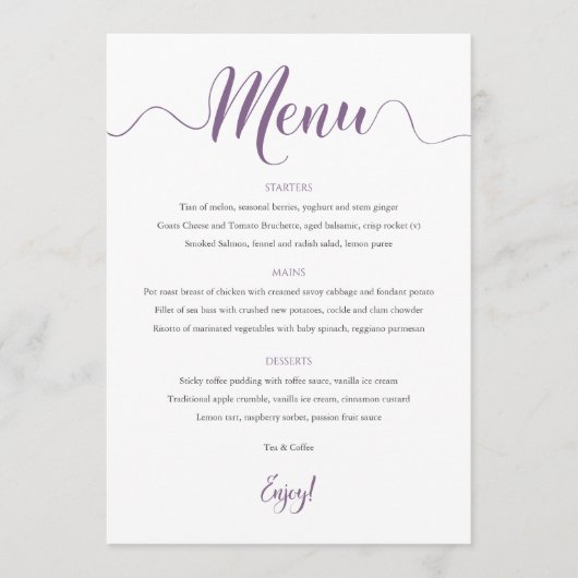 Carte de menu Mariage violet 5x7 (Devant)