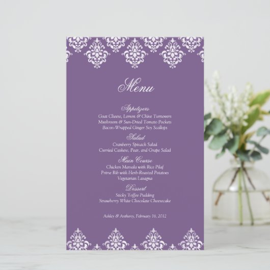 Carte de menu Mariage violet blanc Damask Arabesqu (Debout devant)