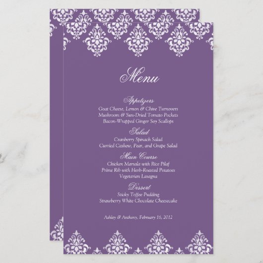Carte de menu Mariage violet blanc Damask Arabesqu (Devant / Derrière)