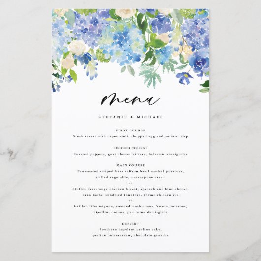 Carte de menu Mariage Watercolor Blue Hydrangeas (Devant)