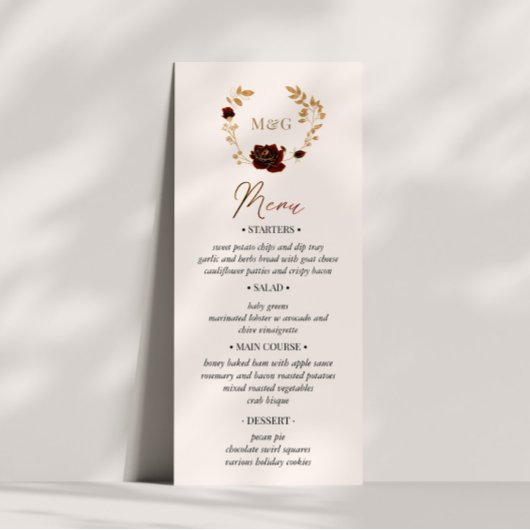 Carte de menu Mariage Watercolor Gold Red Roses