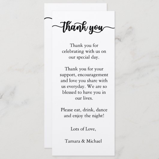 Carte de menu Merci, Merci de menu de réception (Devant / Derrière)