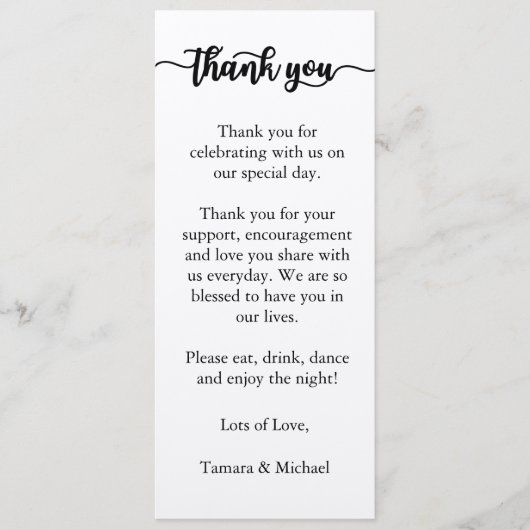 Carte de menu Merci, Merci de menu de réception (Devant)