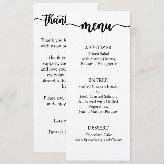 Carte de menu Merci, Merci de menu de réception (Devant / Derrière)