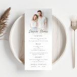 Carte de menu minimaliste Mariage de superposition<br><div class="desc">Carte de menu minimaliste Mariage Photo Overlay. Disponible numériquement et imprimé. Personnalisez facilement le texte et remplacez l'exemple de photo par votre préféré.</div>