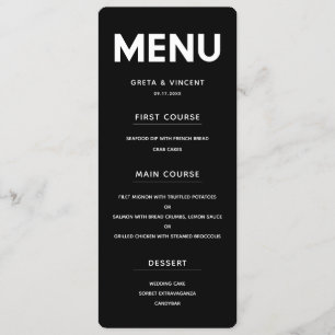 Carte de menu minimaliste mariage noir et blanc