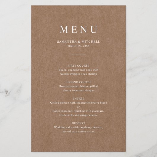 Carte de menu minimaliste Mariage rustique (Devant)