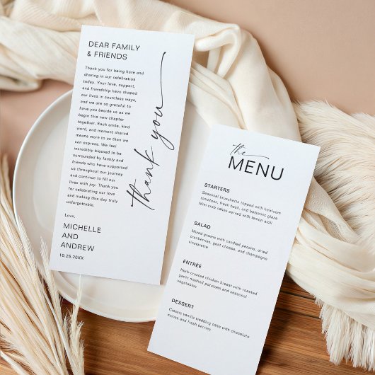 Carte de menu moderne et message de remerciement