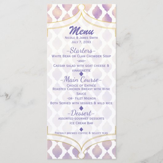 Carte de menu moderne marocaine or et blanc violet (Devant)