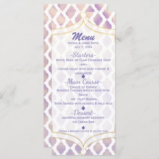 Carte de menu moderne violet or & blanc marocain (Devant / Derrière)
