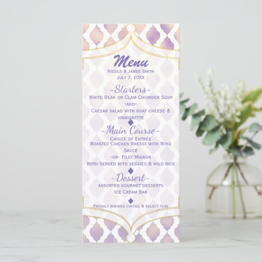 Carte de menu moderne violet or & blanc marocain (Debout devant)
