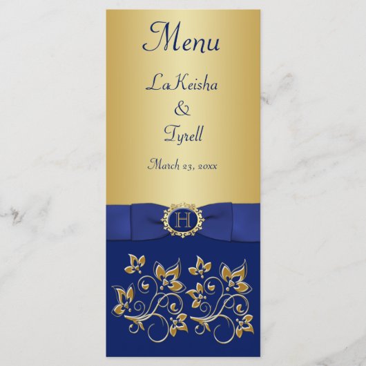 Carte de menu Monogram Blue, Gold Floral (Devant)