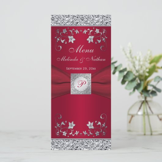 Carte de menu Monogram Red, Silver Foil-LOOK Flora (Debout devant)
