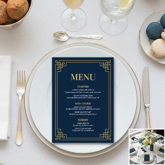 Carte de menu Navy Gold pour soirée d'anniversaire