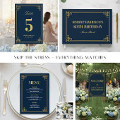 Carte de menu Navy Gold pour soirée d'anniversaire