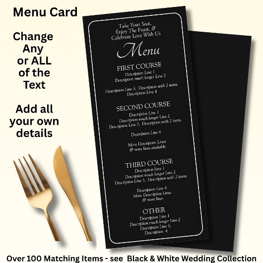 Carte de menu - Noir Blanc - Ajoutez vos propres d