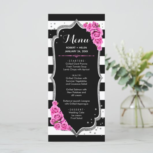 Carte de menu Noir Rose Blanc Argent (Debout devant)