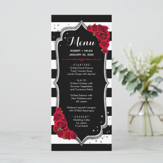 Carte de Menu Noir Rouge Blanc Argent (Debout devant)