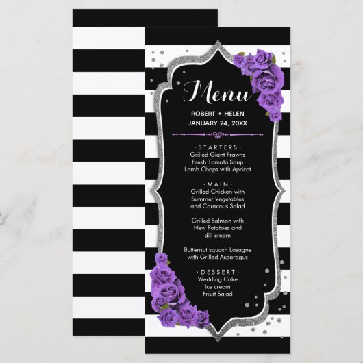 Carte de menu noir violet blanc argent (Devant / Derrière)