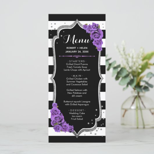 Carte de menu noir violet blanc argent (Debout devant)