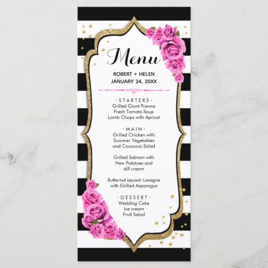 Carte de menu or rose noir et blanc (Devant)