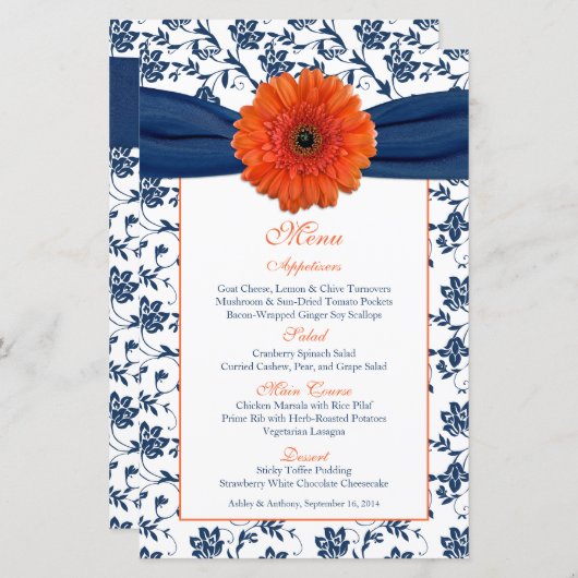 Carte de menu orange Daisy Navy Blue Mariage damas (Devant / Derrière)