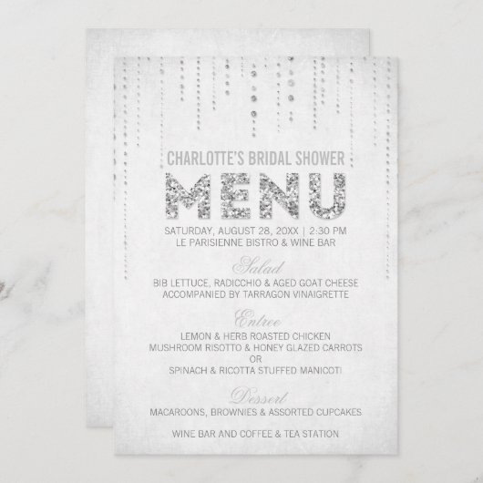Carte de menu Paillettes Argentées (Devant / Derrière)
