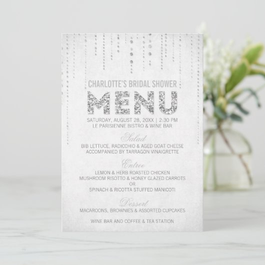 Carte de menu Paillettes Argentées (Debout devant)