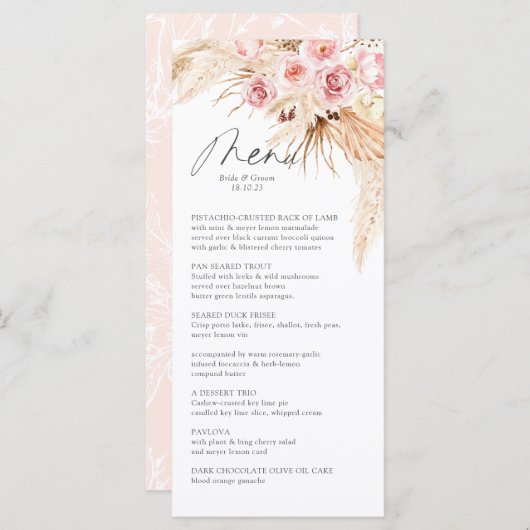 Carte de menu Pampas Gras MOdern Boho BLush PInk (Devant / Derrière)