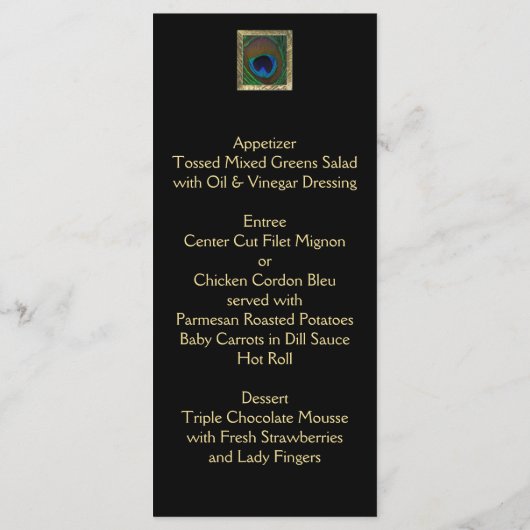 Carte de menu Pièce Peacock Noir et Or (Dos)