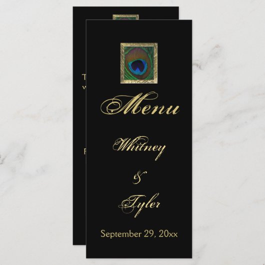 Carte de menu Pièce Peacock Noir et Or (Devant / Derrière)