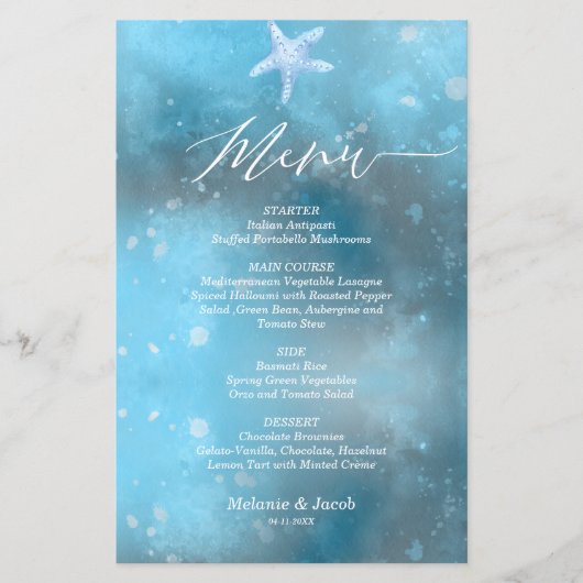 Carte de menu plat Budget Blue Sea Summer Mariage (Devant)