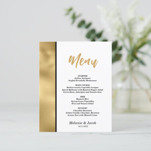 Carte de menu plat Budget Elegant Gold Scripture (Debout devant)