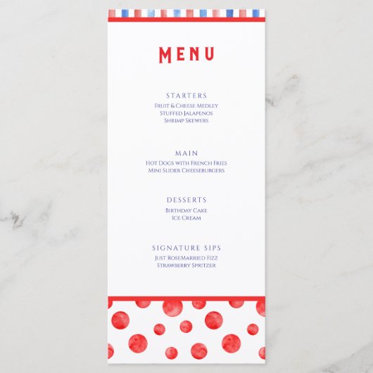 Carte de menu plat événement rouge bleu été fun (Devant)