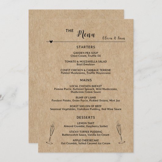 Carte de menu plat Rustique Mariage de table en pa (Devant / Derrière)