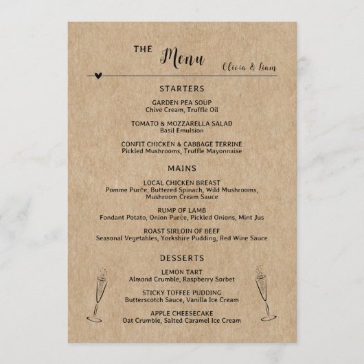 Carte de menu plat Rustique Mariage de table en pa (Devant)