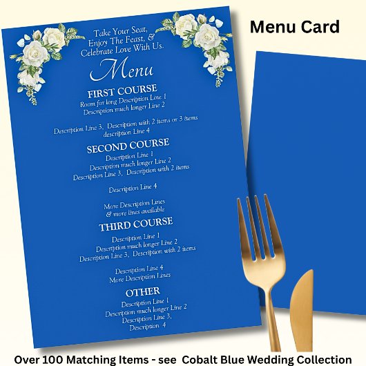 Carte de Menu Plus Grande - Roses Bleu Cobalt et B