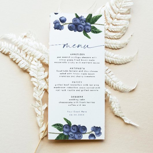 Carte de menu pour Baby Shower à thème Myrtille